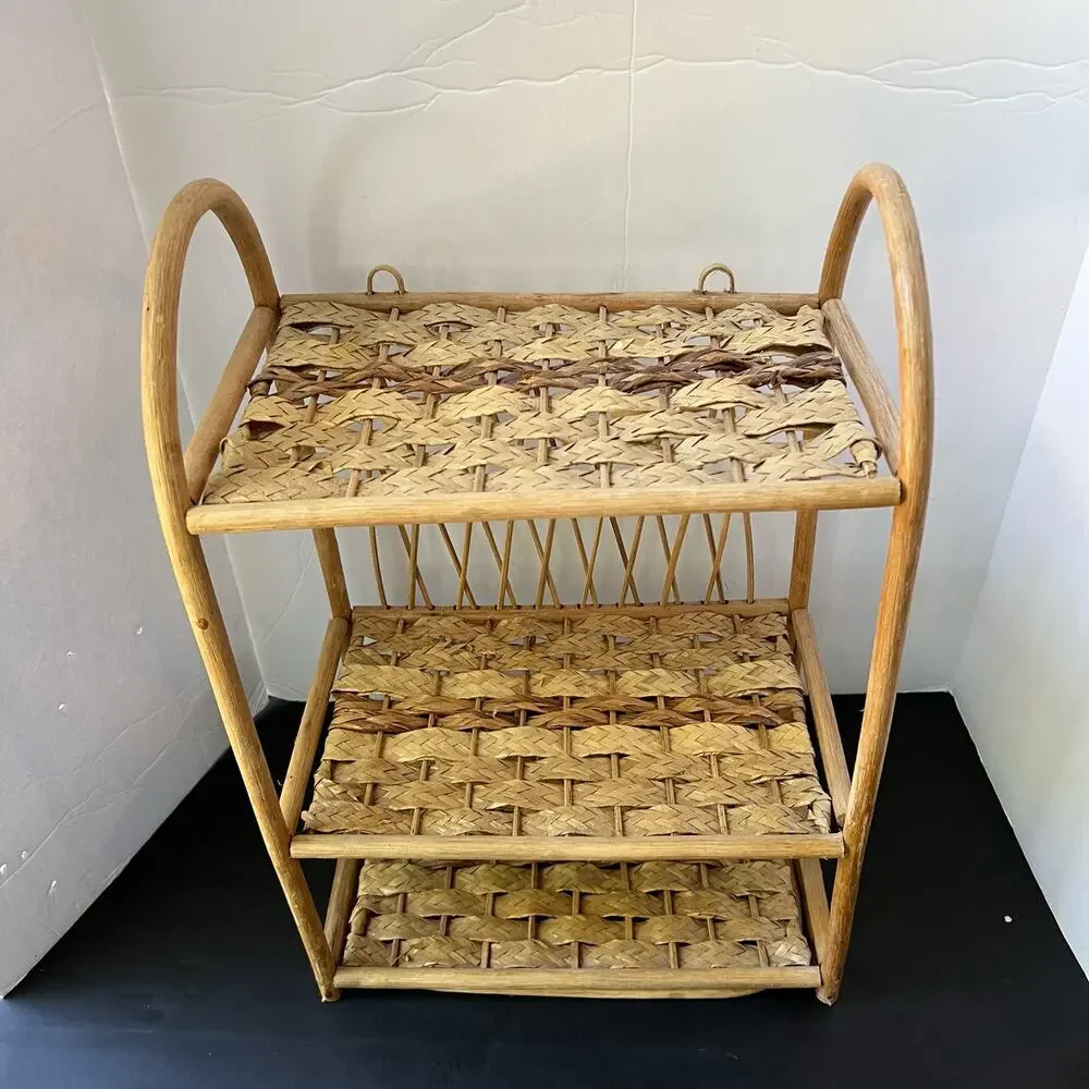 Vintage Wicker Rattan Wall Cabinet Shelf Hanging Bathroom Boho MCM Folding Towel